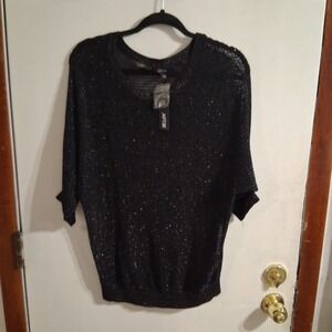 NWT Art Deco Black & Metallic Open Stitch Dolman Pullover L Glam Shimmer